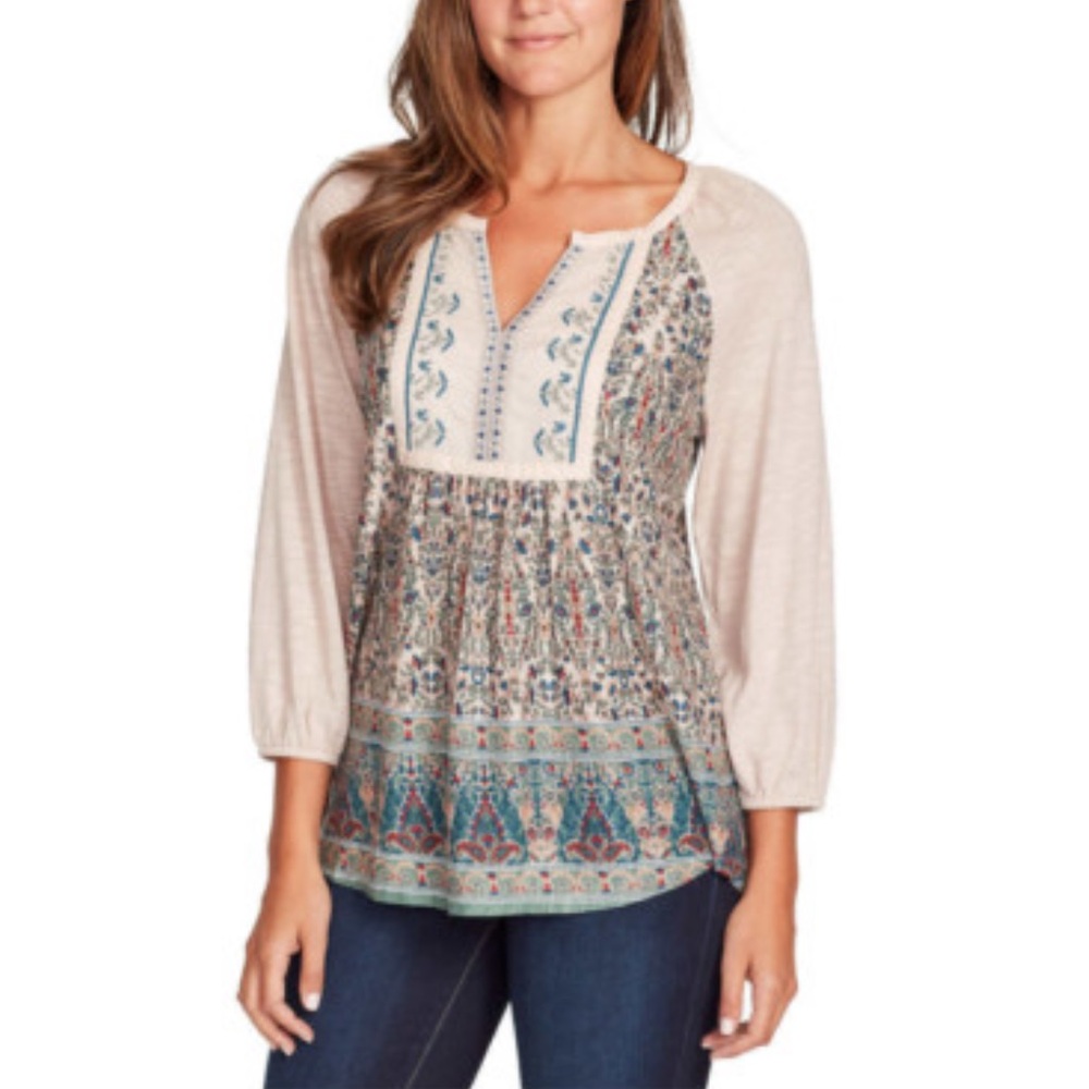 Vintage America 3/4 sleeve cream boho blouse notched neckline size Small